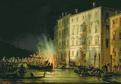 Venetian Canal at Night with Festivities and Fireworks by Carlo Grubacs